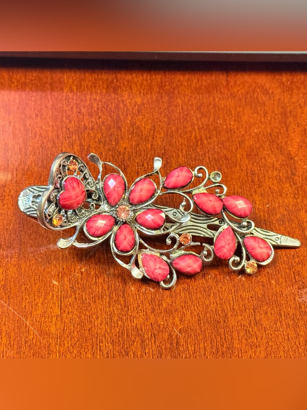 Pink flower hair clip with rhinestones